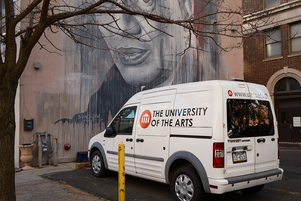 University of the Arts van parked in lot next to the Writer's Block bar.