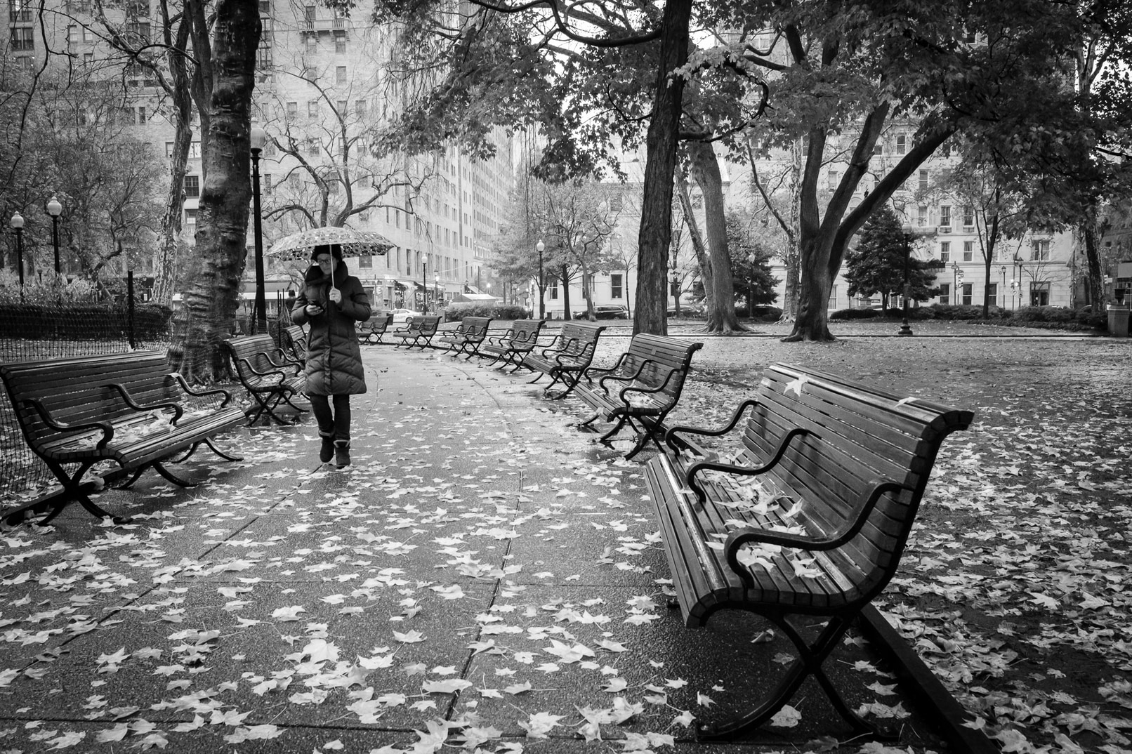 Rittenhouse Park, Girl With Umbrella and Phone