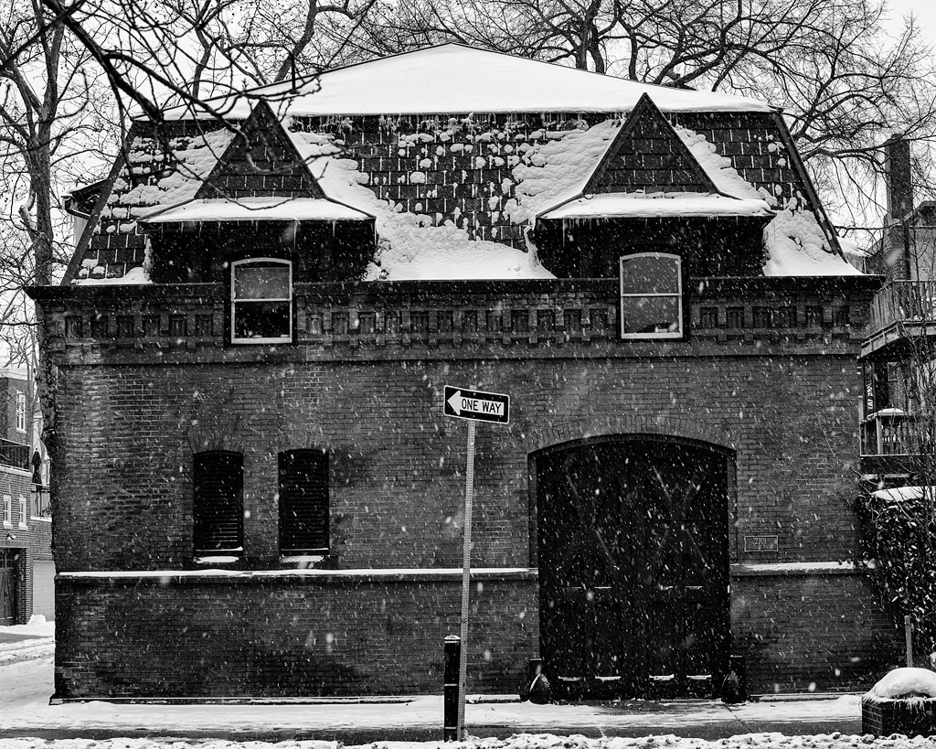 Snowy One Way Street and Stable