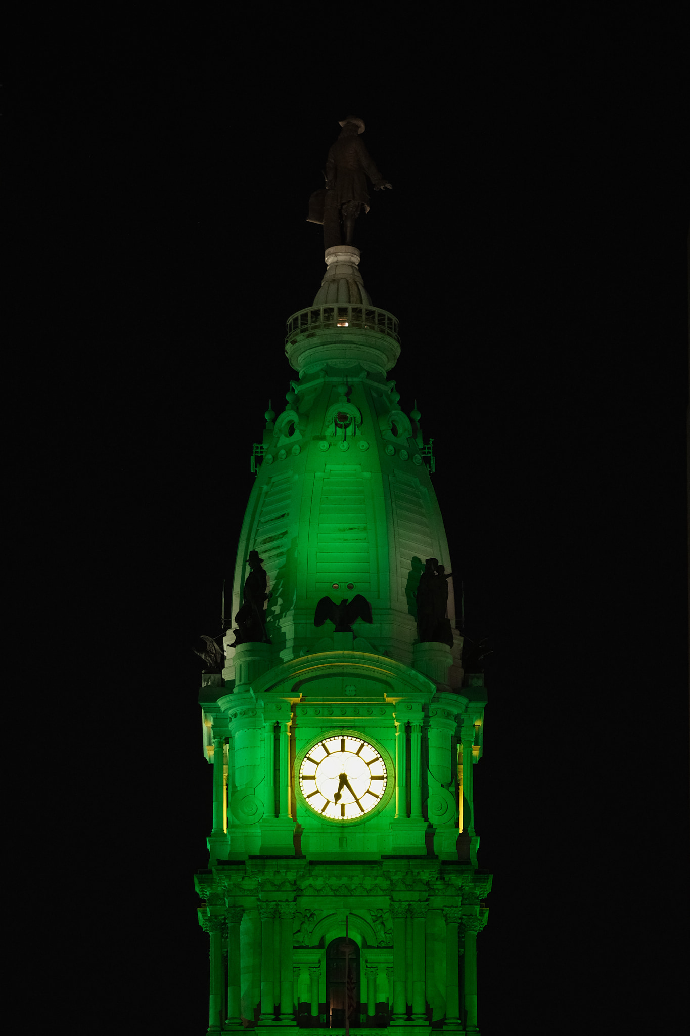 Philadelphia City Hall, illuminated green.