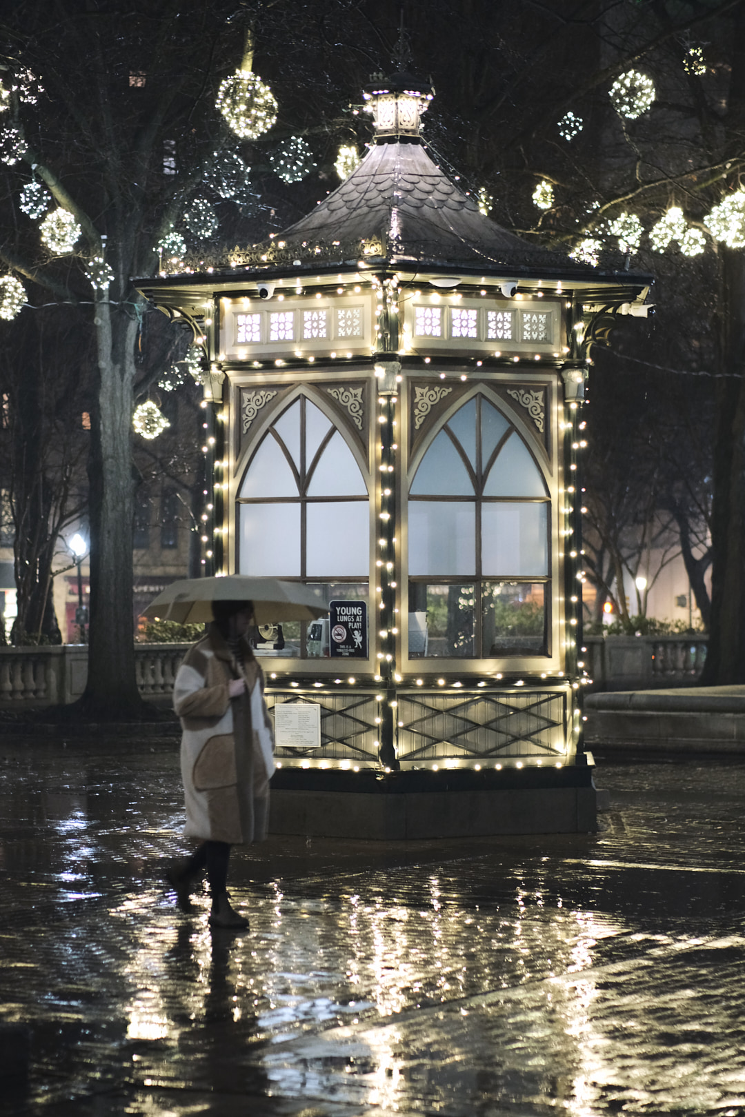 Rittenhouse Square at night in the rain.