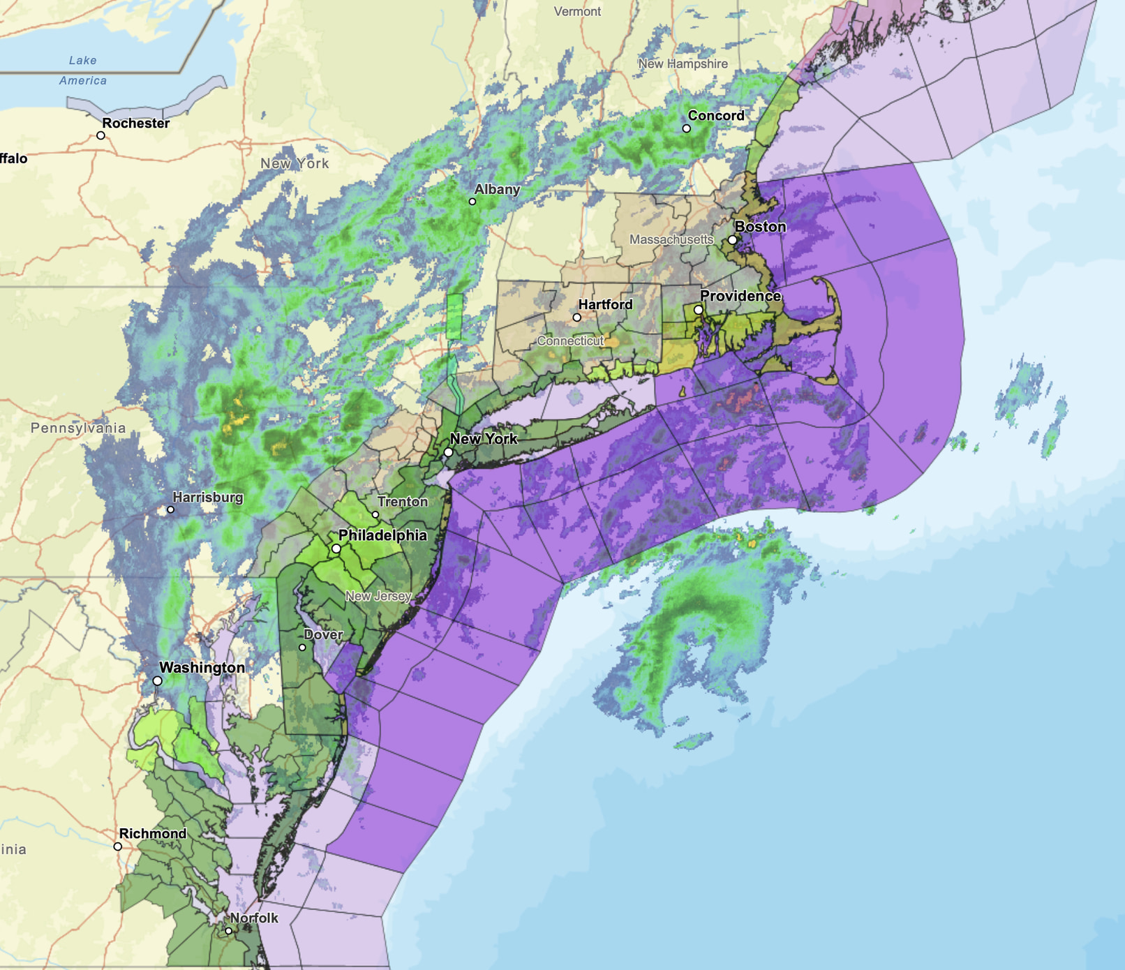 Weather map with radar image showing rain in the Northeast US.