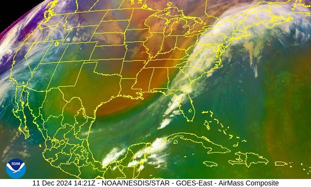 11 Dec 2024 14:21Z - NOAA/NESDIS/STAR - GOES-East - AirMass Composite (showing heavy clouds across the East Coast).