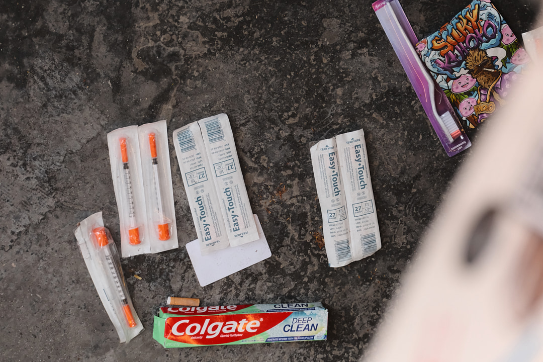 Junkie needles and dental hygiene products.
