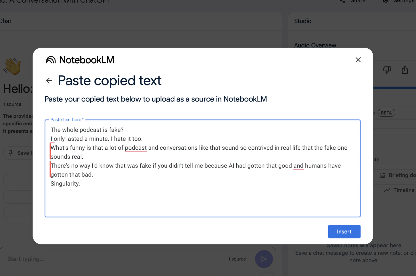 Entering some input into NotebookLM